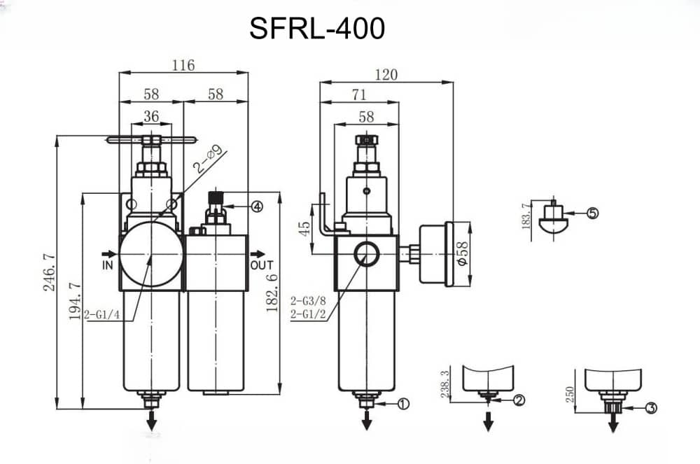 SFRL-400 mounting dimension reference drawing for SFRL Series SS316 High Pressure Pneumatic FRL Unit