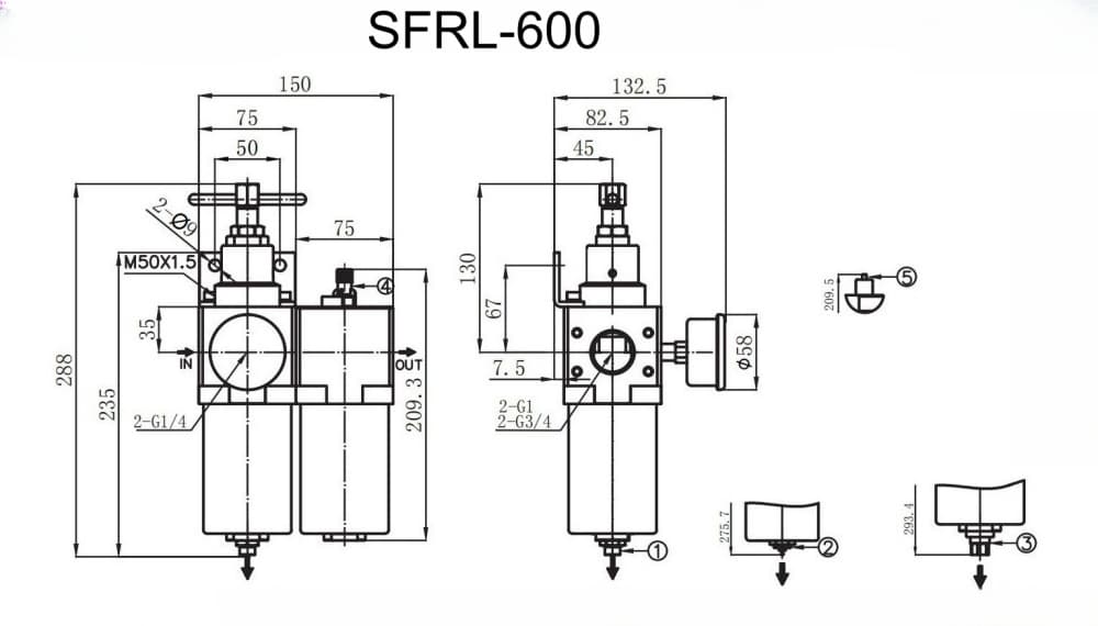 SFRL-600 mounting dimension reference drawing for SFRL Series SS316 High Pressure Pneumatic FRL Unit