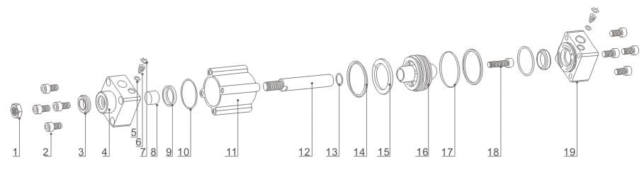 SI Series Pneumatic Cylinder Assembly Kits (ISO 15552 / ISO 6431) numbered parts and material reference drawing