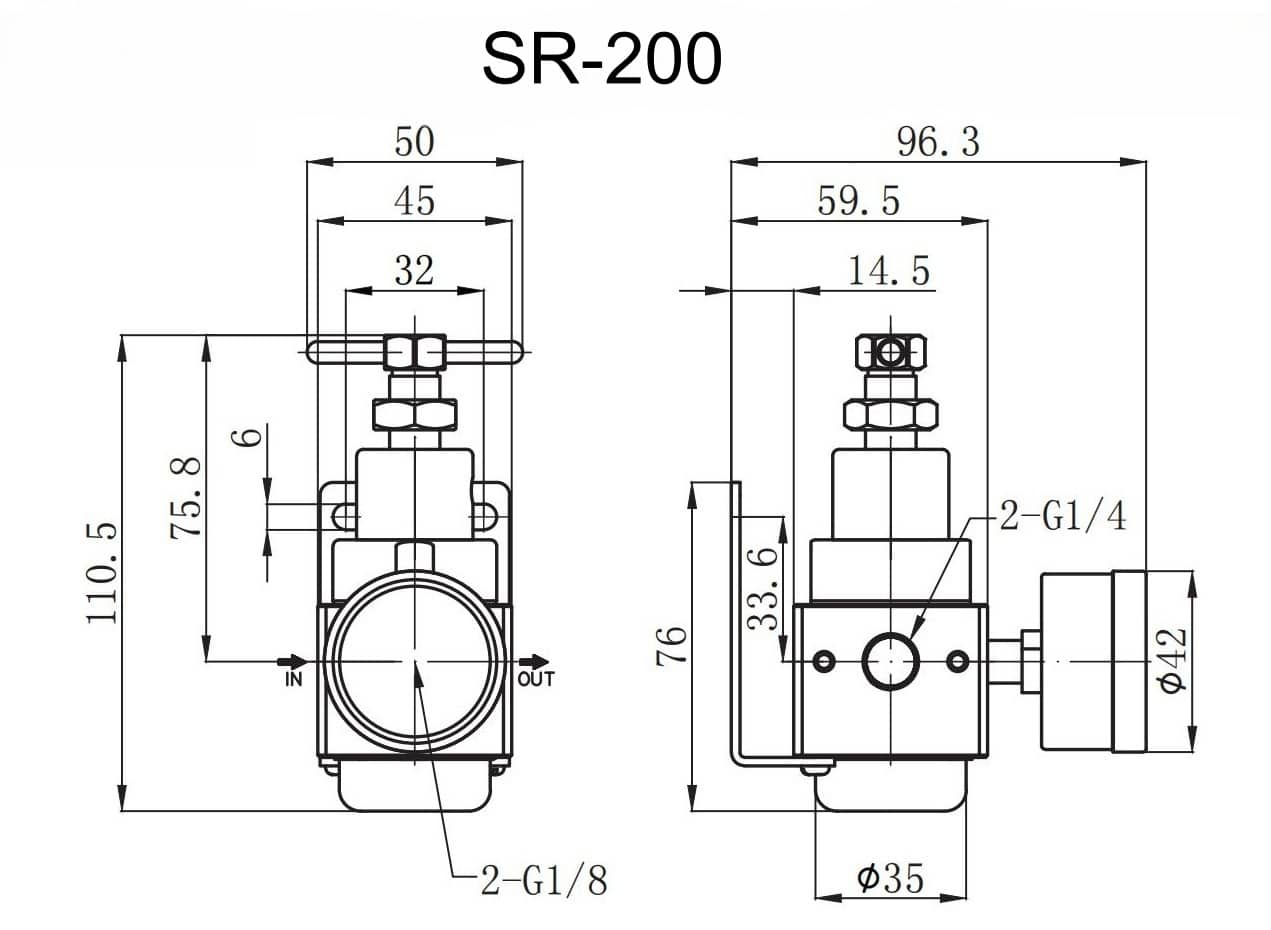 SR-200 SS316 high pressure pneumatic regulator dimension drawing