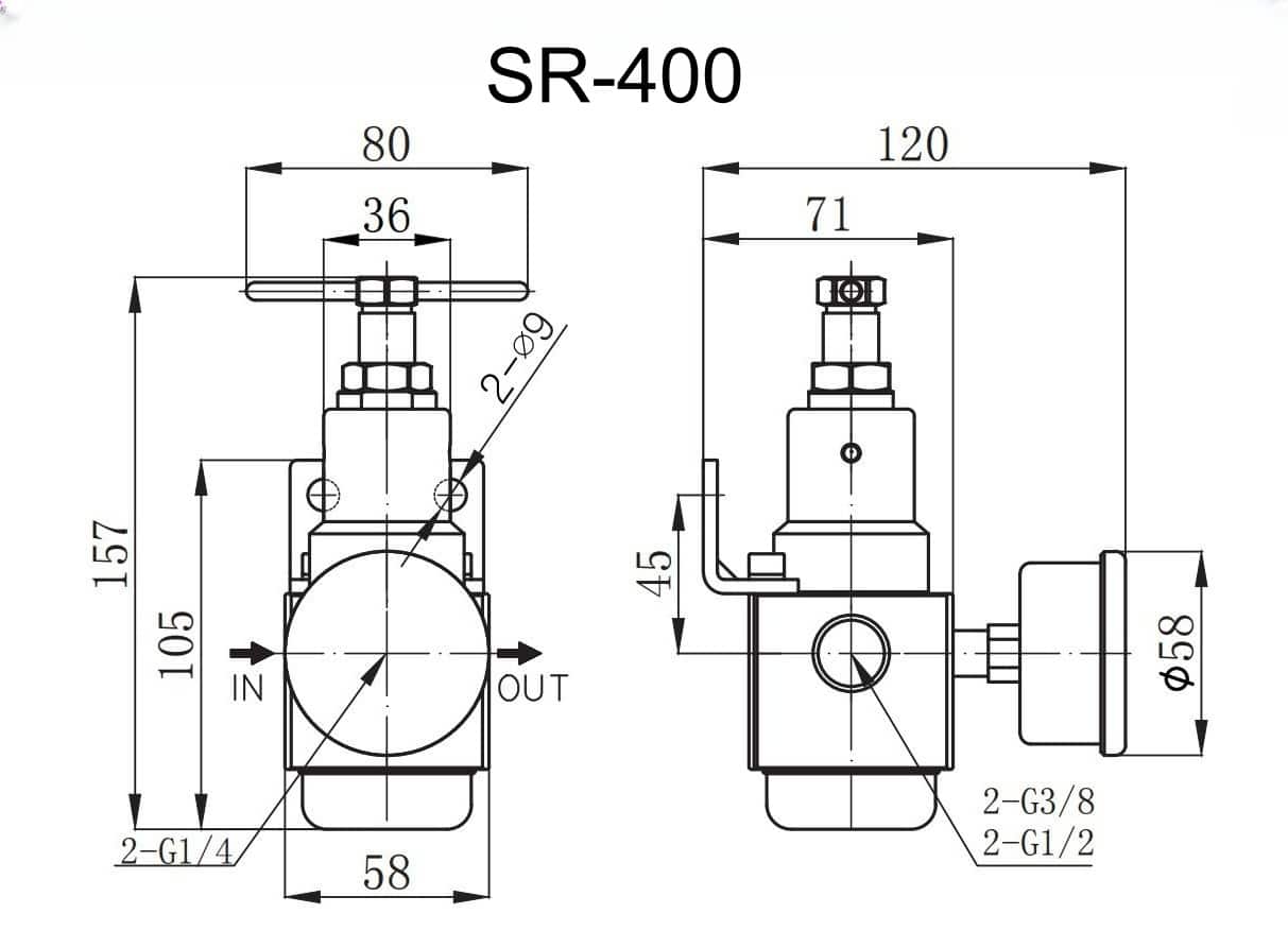 SR-400 SS316 high pressure pneumatic regulator dimension drawing