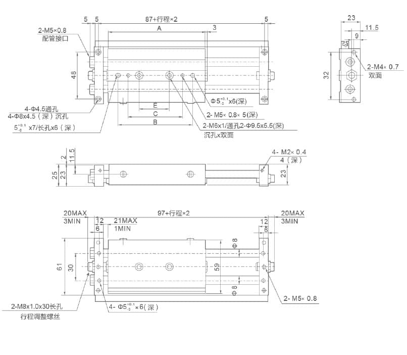 STM Series Dual Rod Pneumatic Slide (Slide Bearing) dimension reference drawing 6