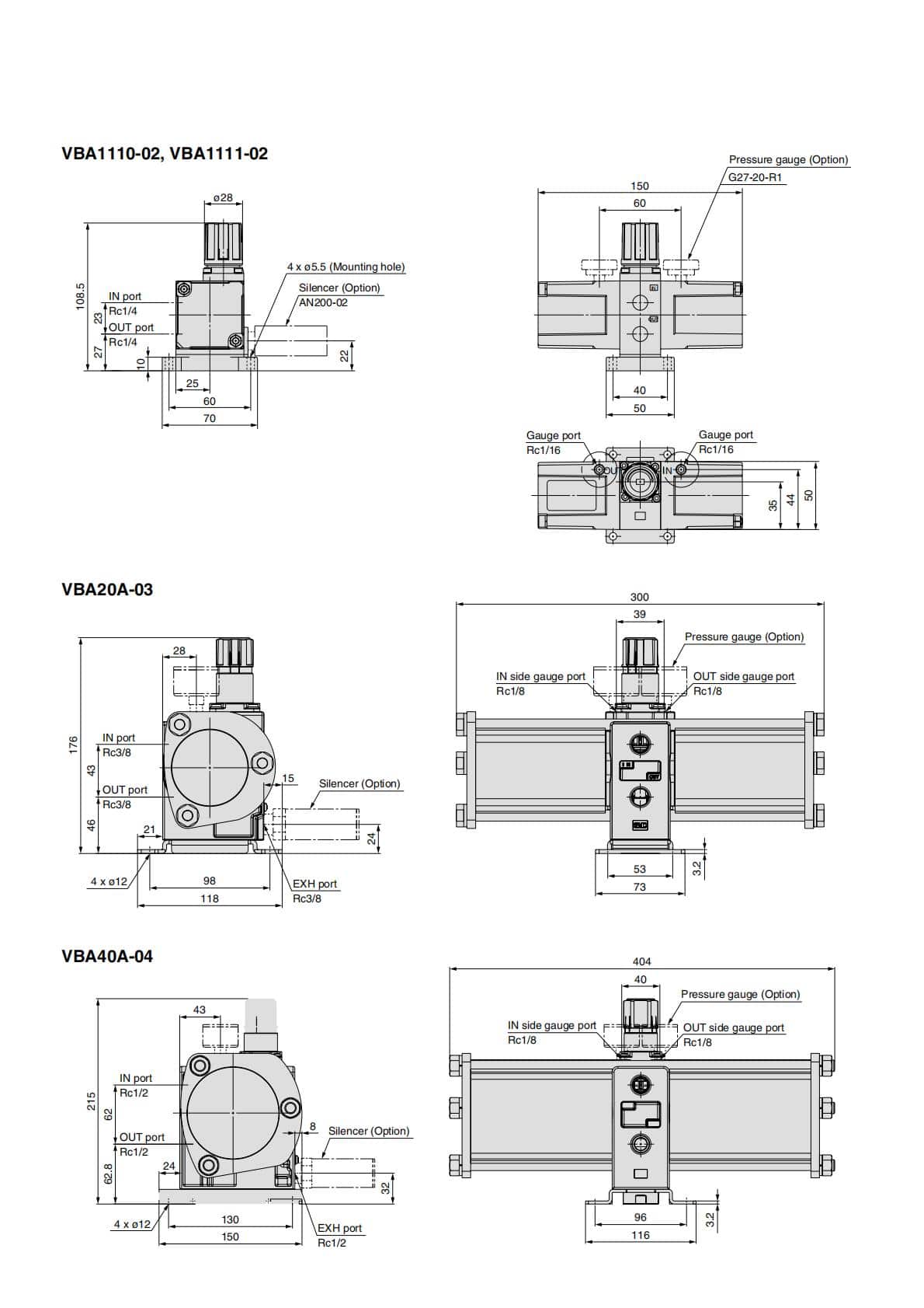 VBA Series Pneumatic Booster Regulator dimension reference drawing