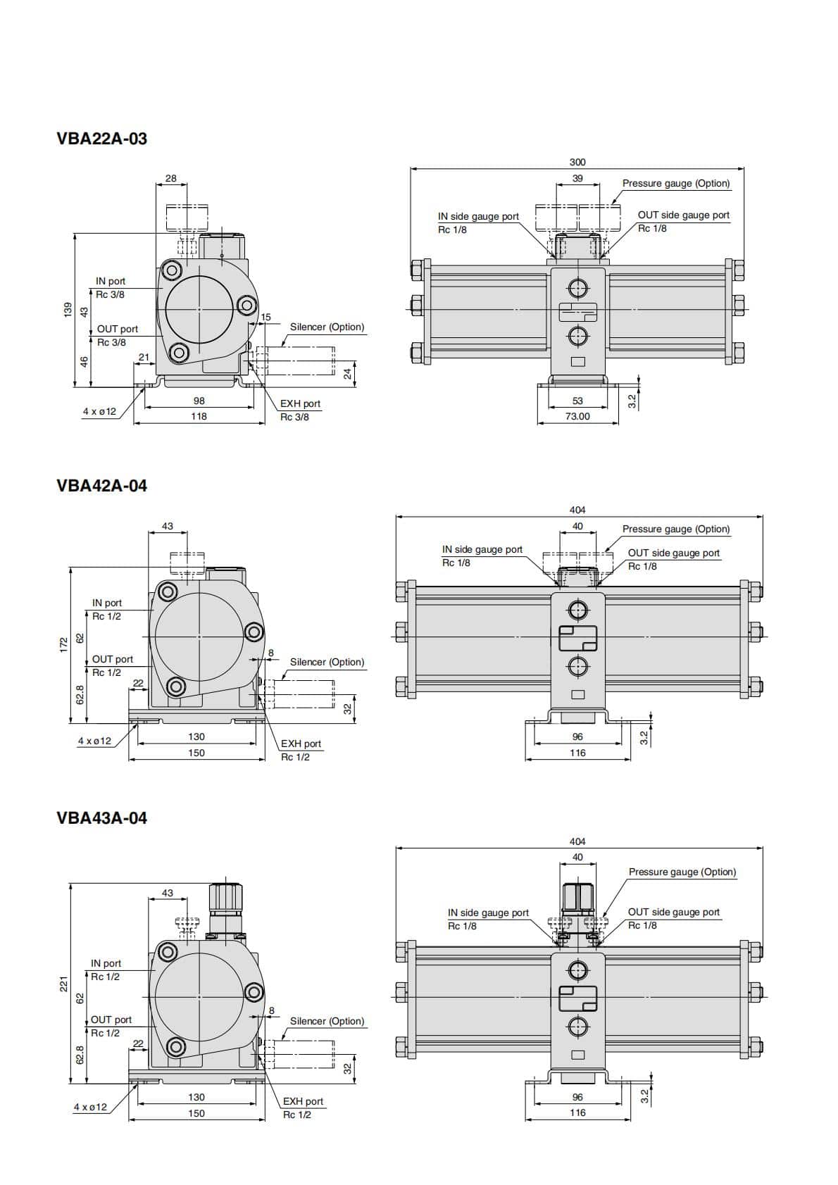 VBA Series Pneumatic Booster Regulator dimension reference drawing