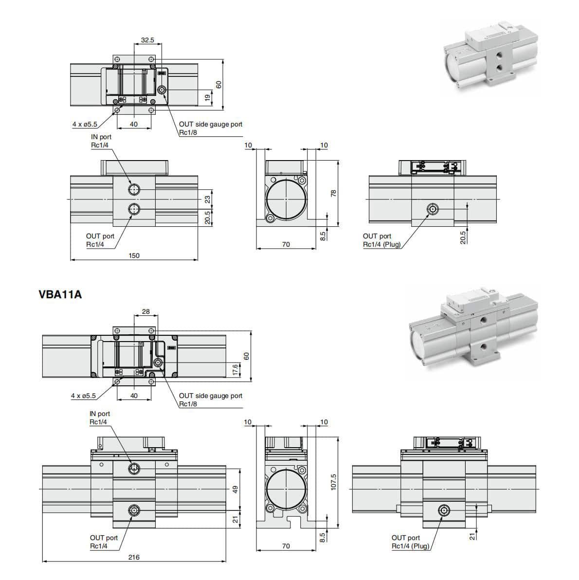 VBA-X3239 Energy Efficient Pneumatic Booster Regulator mounting dimension reference drawing for VBA10A and VBA11A