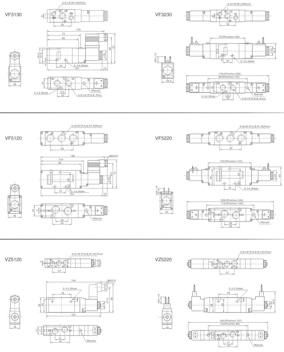 VF and VZ directional control solenoid valve mounting dimension drawing