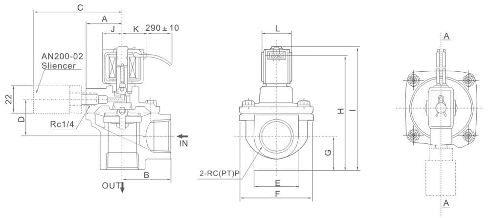 VXF Series Pilot Operated 2/2 Way Solenoid Valve (Large Port) dimension reference drawing