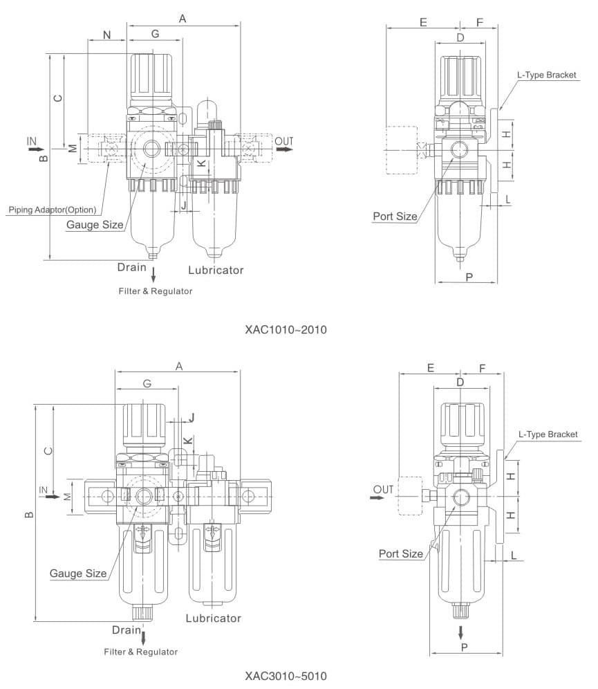 XAC-1000-5000 mounting dimension reference drawing for XAC 1000-5000 Series 2-Element Pneumatic Air Source Treatment Unit