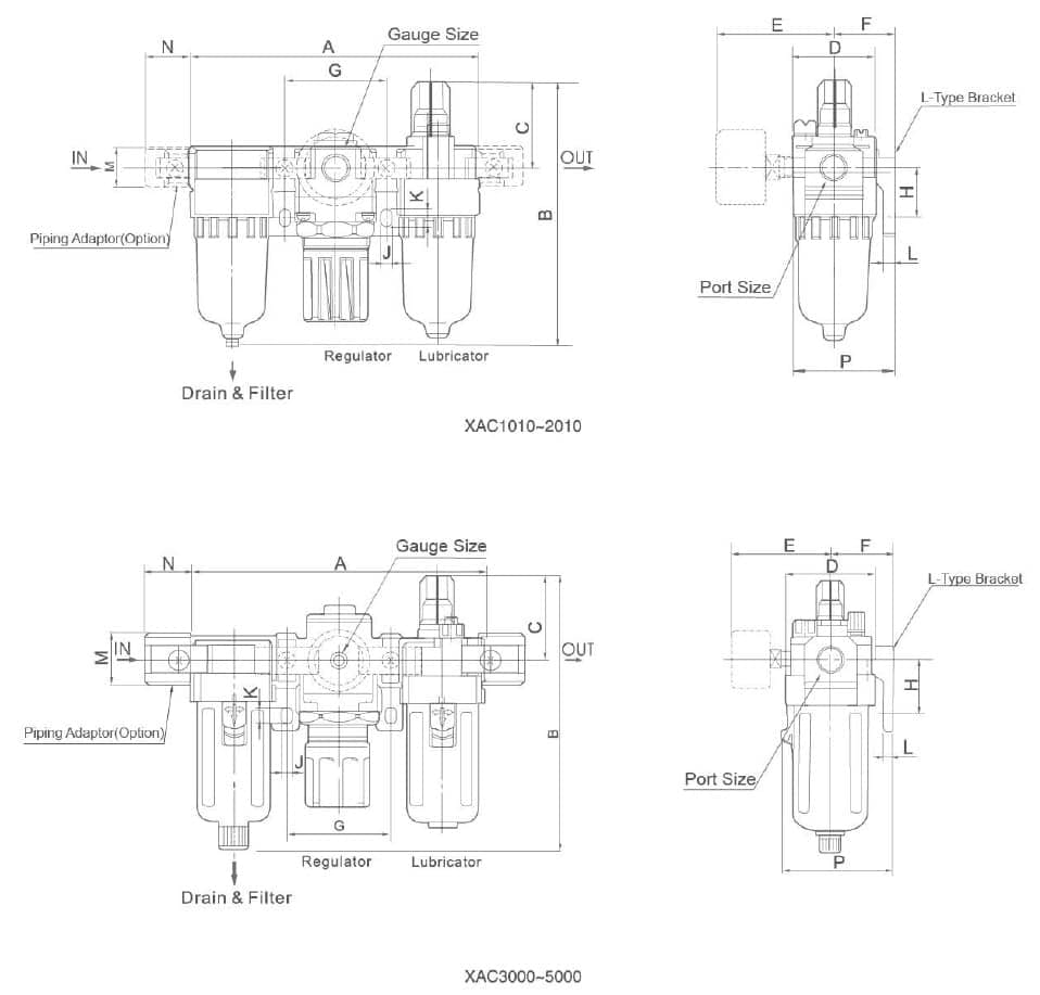 XAC-1000-5000 mounting dimension reference drawing for XAC 1000-5000 Series Pneumatic Air Source Treatment Unit (F.R.L.)