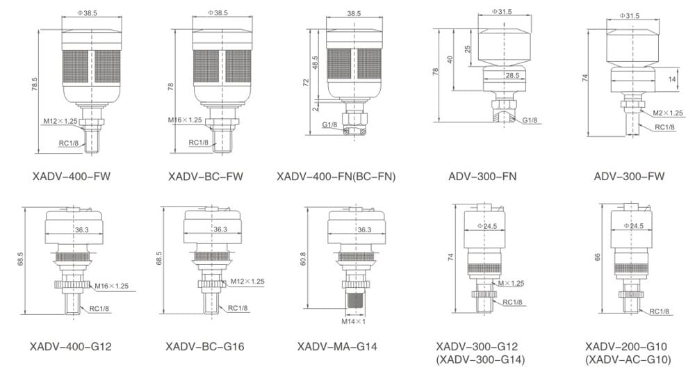 XADV Series Pneumatic Auto Drain Valve auto drain body mounting dimension reference drawing