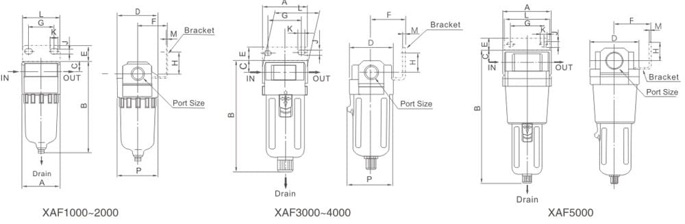 XAF-1000-5000 mounting dimension reference drawing for XAF 1000-5000 Series Pneumatic Air Filter (XA/XAC Line)