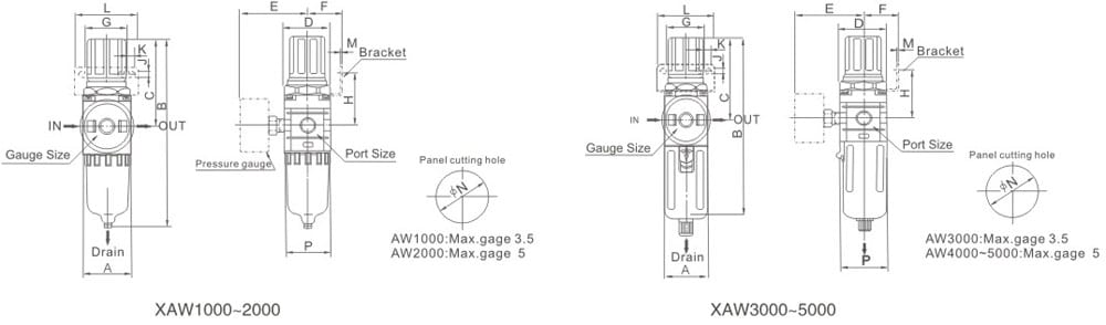 XAW-1000-5000 mounting dimension reference drawing for XAW 1000-5000 Series Pneumatic Filter Regulator Unit (FR Unit)