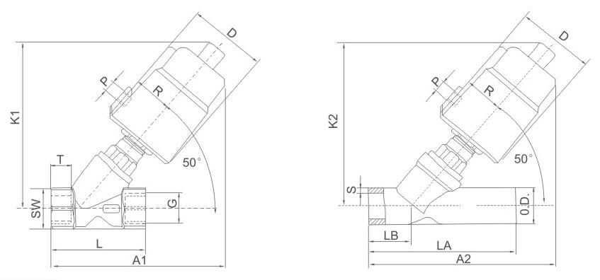 XC Series Stainless Steel Pneumatically Actuated Angle Seat Valve dimension reference drawing