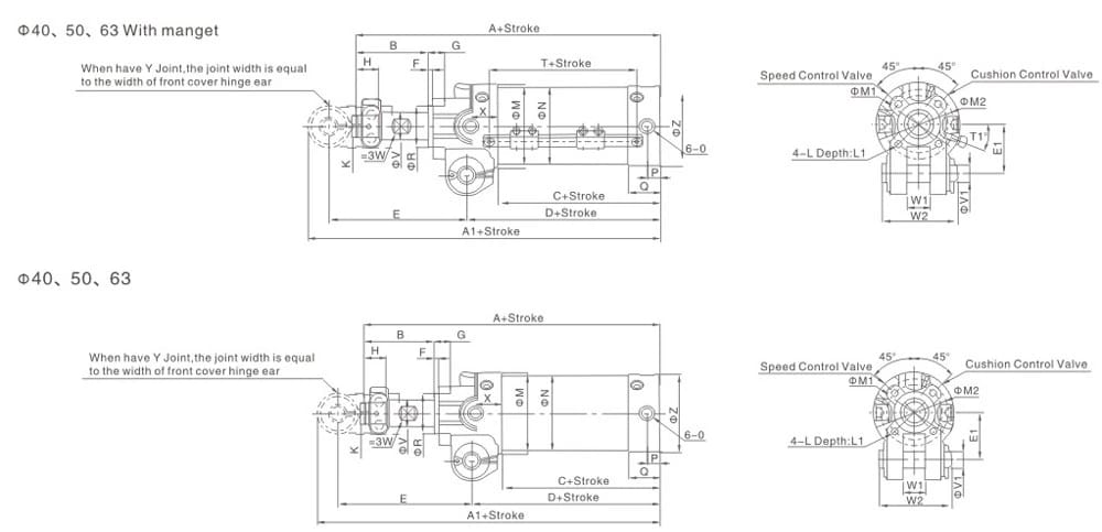 XCK Series clamping cylinder Ø40 Ø50 Ø63 mounting dimension drawing