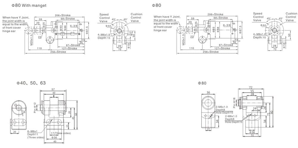 XCK Series clamping cylinder Y-joint and Ø80 mounting dimension drawing