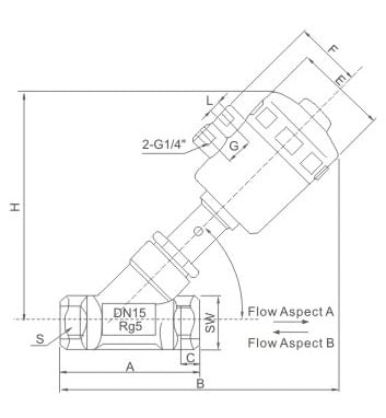 XCP Series Pneumatic Angle Seat Valve with Plastic Actuator dimension reference drawing