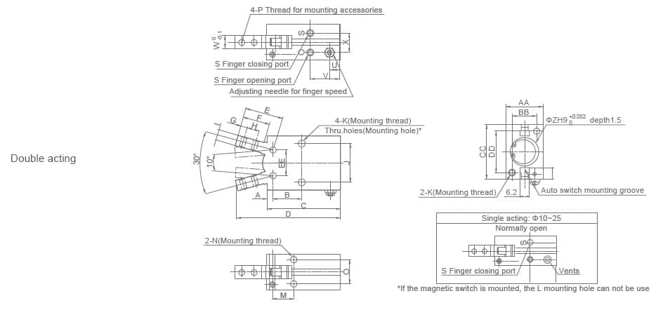XHC Series Parallel Pneumatic Gripper dimension reference drawing
