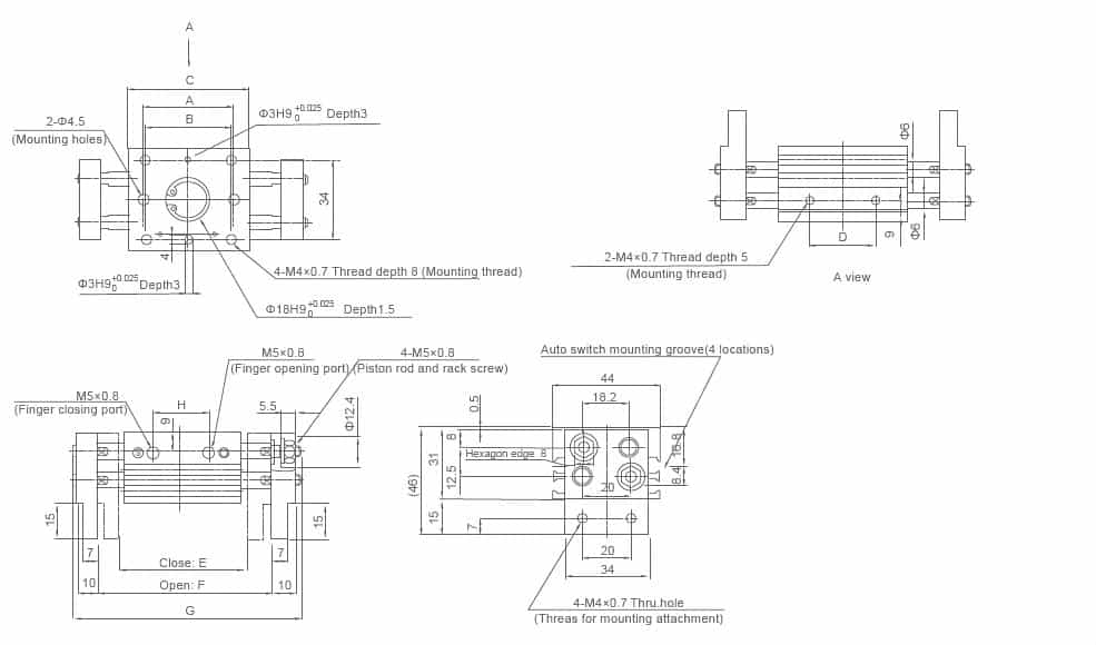 XHL-10D wide opening parallel pneumatic gripper dimension drawing