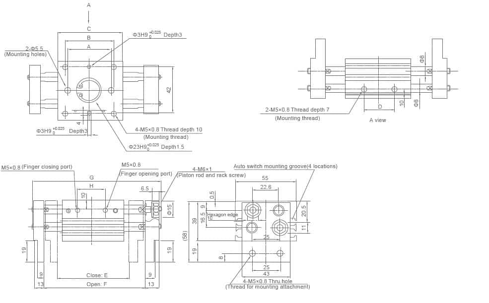 XHL-16D wide opening parallel pneumatic gripper dimension drawing