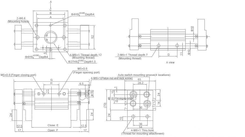 XHL-20D wide opening parallel pneumatic gripper dimension drawing