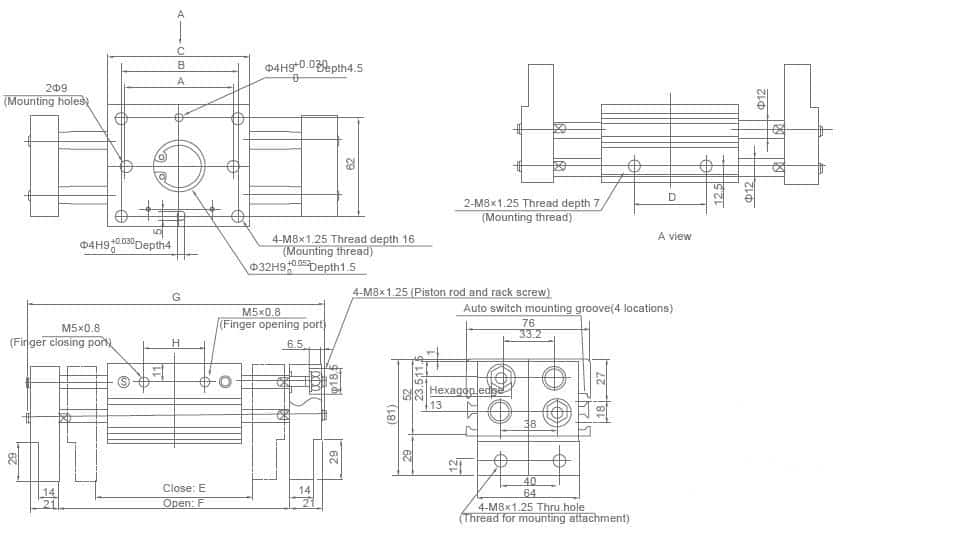 XHL-25D wide opening parallel pneumatic gripper dimension drawing