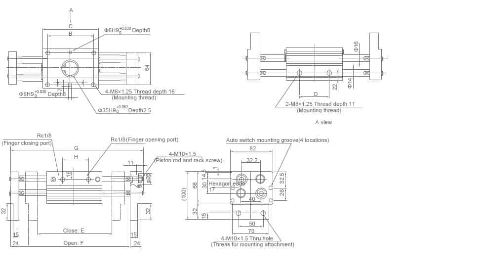 XHL-32D wide opening parallel pneumatic gripper dimension drawing