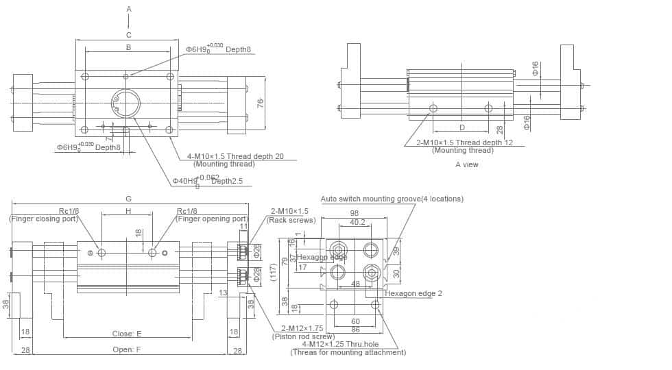 XHL-40D wide opening parallel pneumatic gripper dimension drawing