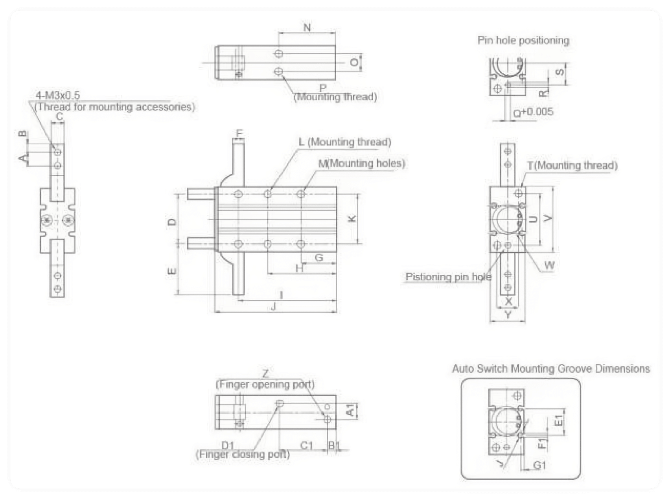 XHY Series 180-Degree Angular Pneumatic Gripper dimension drawing for A-H, I-P, Q-X, and Y-G1 tables