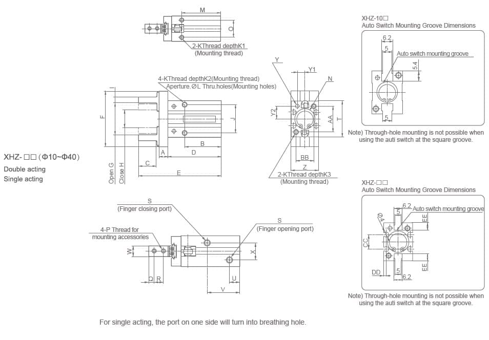 XHZ Series Angular Pneumatic Gripper dimension drawing for bores 10 to 40