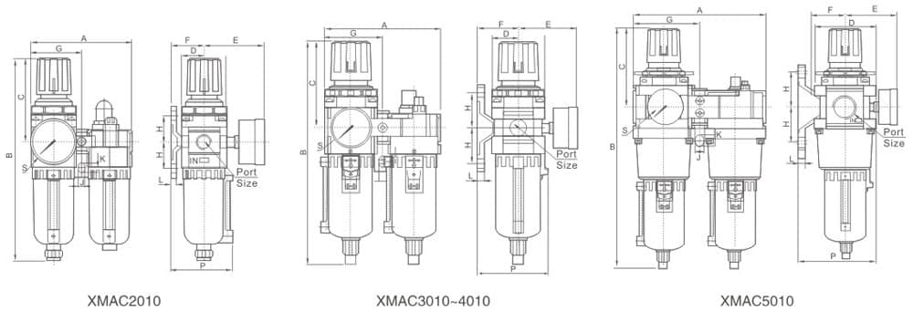 XMA Series Metal Cup Pneumatic FR Unit (2-Element) dimension reference drawing