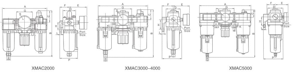 XMA Series Pneumatic F.R.L. Unit with Metal Cups (3-Element) dimension reference drawing