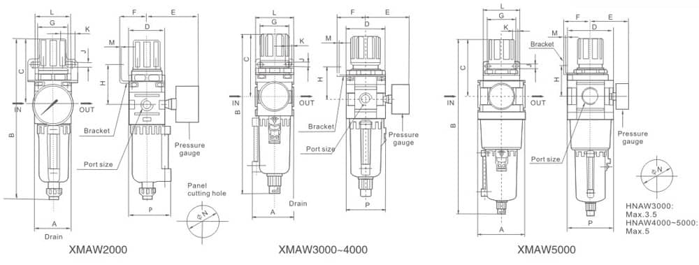 XMA Series XMAW Metal Cup Pneumatic Filter Regulator (FR Unit) dimension reference drawing