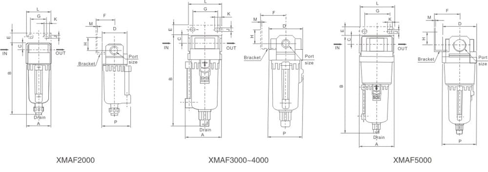 XMAF Series Metal Cup Pneumatic Air Filter (XMA Line) dimension reference drawing