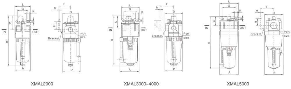 XMAL Series Metal Cup Pneumatic Air Line Lubricator (XMA Line) dimension reference drawing