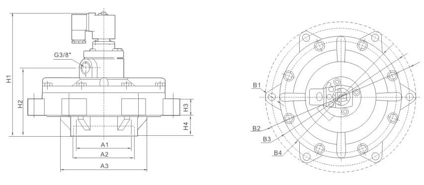 XMFY Series In-Line Pneumatic Pulse Valve for Dust Collectors dimension reference drawing