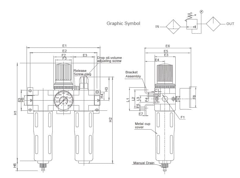 XOC Series Pneumatic F.R.L. Unit (XO Line, 3-Element) dimension reference drawing