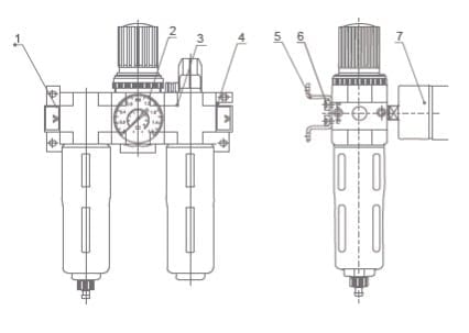 XOC Series Pneumatic F.R.L. Unit (XO Line, 3-Element) numbered parts and material reference drawing