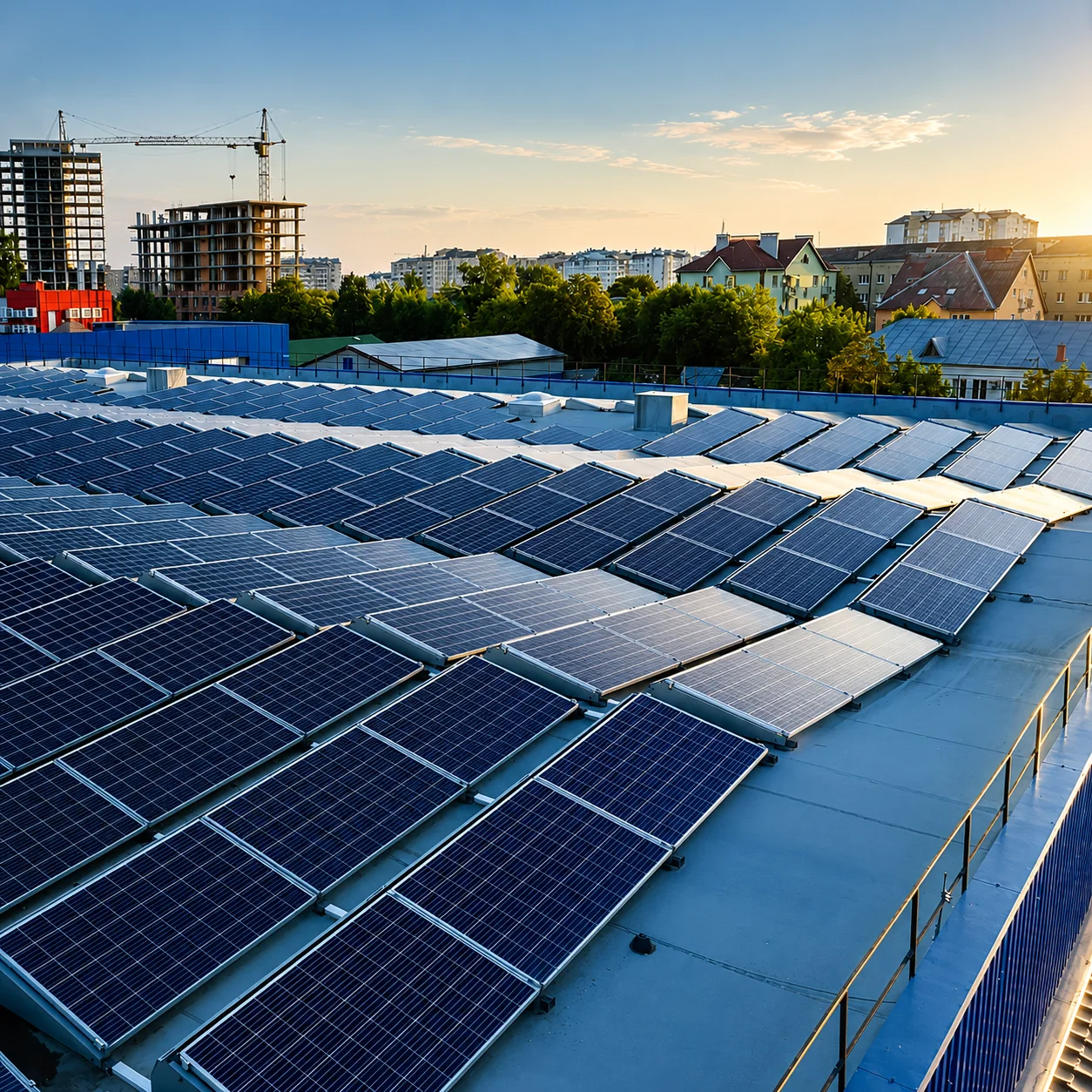 Rooftop photovoltaic panels at an industrial facility illustrating renewable electricity for lower-carbon manufacturing